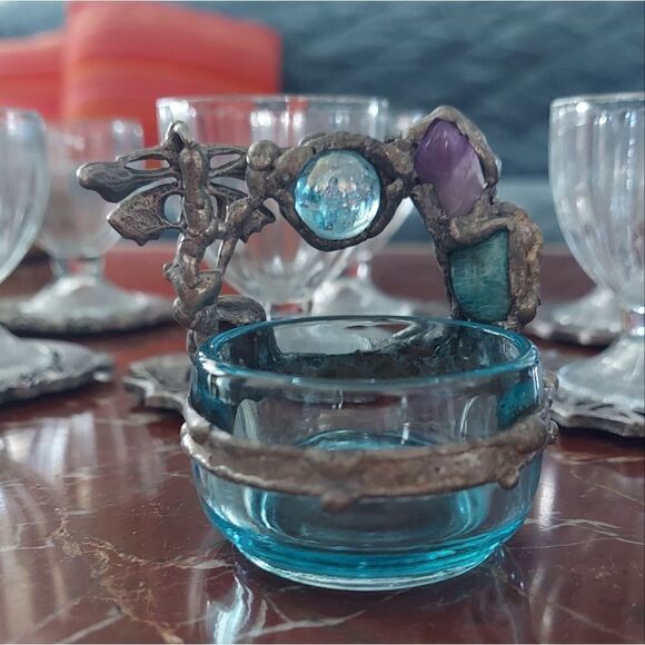 Vtg Handforged Trinket Dish Rustic Semi Precious Stones Fairy Art - Picture 7 of 8